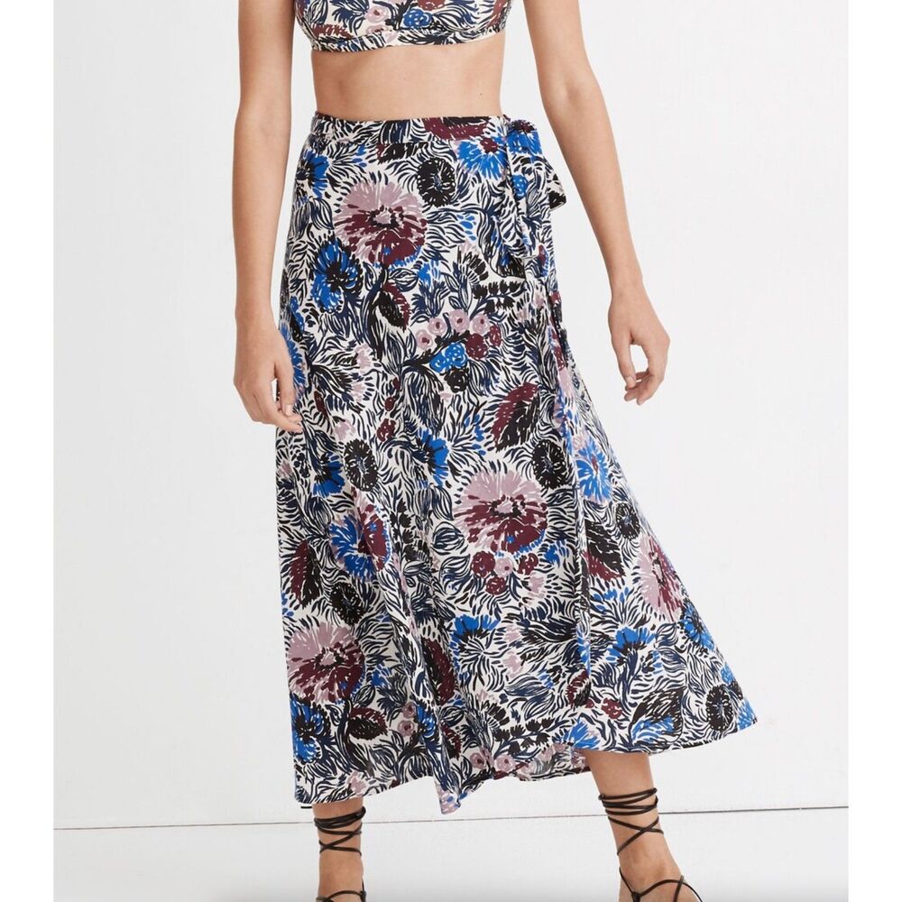 NWOT MADEWELL Dutch Garden Cover-Up Blue Maroon Wrap Floral Midi Skirt Womens XS